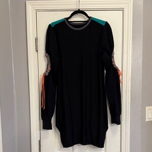 Marie Saint Pierre Chic Black Dress with Teal and Orange Details